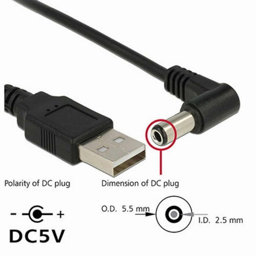 Chenyang USB 2.0 A Type Male to Right Angled 90 Degree 5.5 x 2.5mm DC 5V Power Plug Barrel Connector Charge Cable U2-154-RI