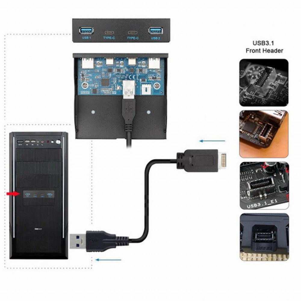 Chenyang USB 3.1 Front Panel Header to USB-C USB 3.0 HUB 4 Ports Front Panel Motherboard Cable for 3.5" Floppy Bay UC-126