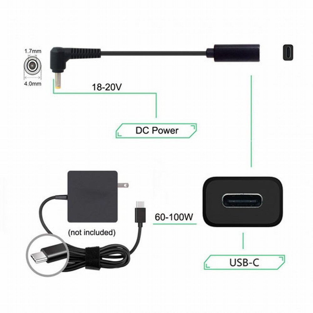 Chenyang Type C USB-C Female Input to DC 4.0*1.7mm Power PD Charge Cable fit for Laptop 18-20V UC-109-4017MM