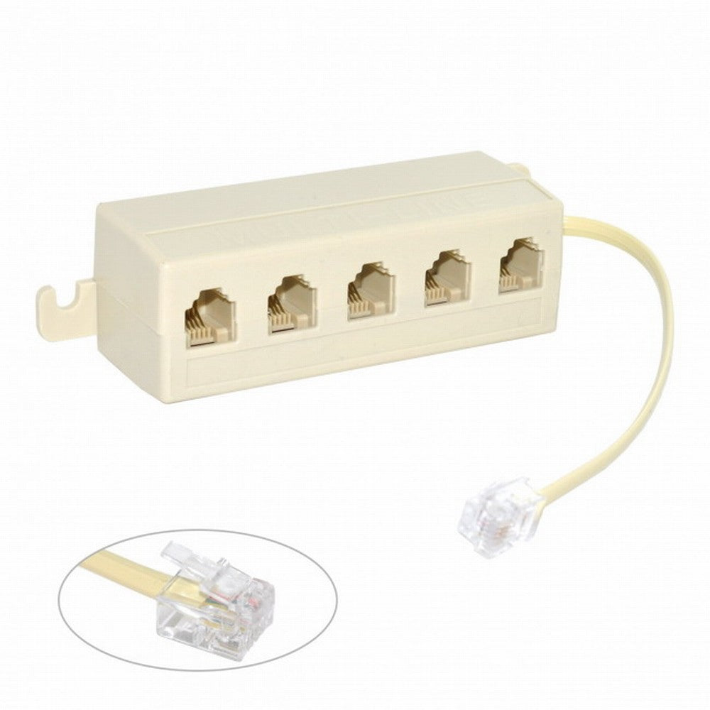 Chenyang 5 Way Outlet 6P4C RJ11 RJ12 Telephone Phone Modular Jack Line Splitter Adapter Beige 1-in-5-out CA-016