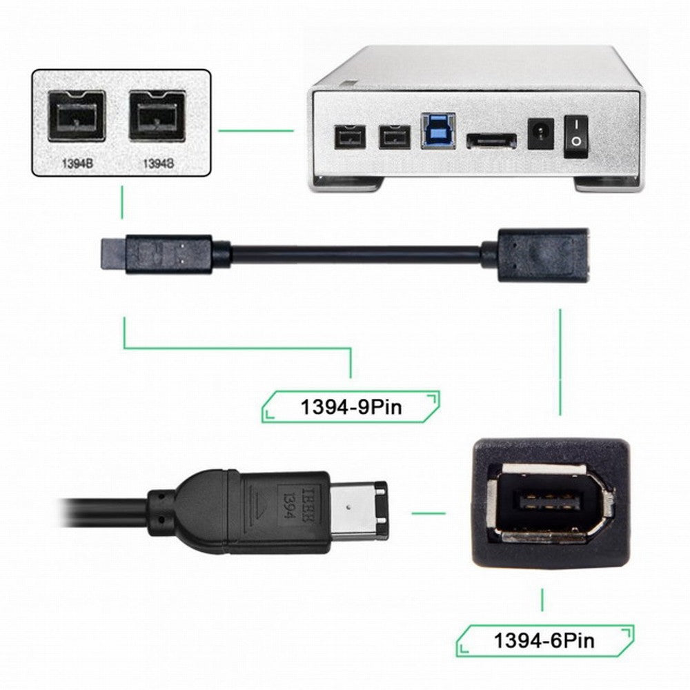 Chenyang IEEE 1394 6Pin Female to 1394b 9Pin Male Firewire 400 to 800 Cable 20cm CA-012