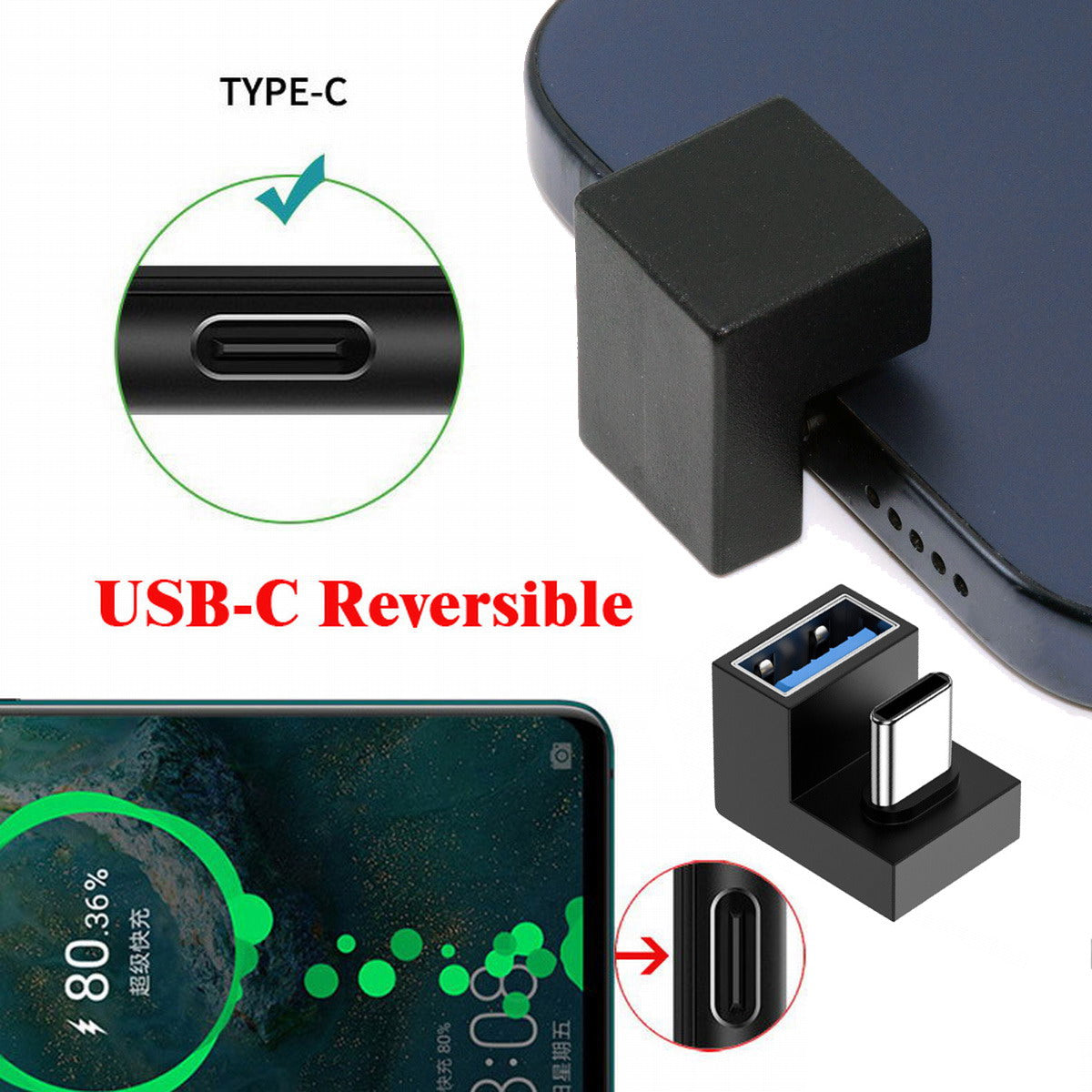 Chenyang 360 Degree Up Down Angled Type-C USB-C OTG to USB 3.0 Female Extension Adapter for Cell Phone Tablet UC-088