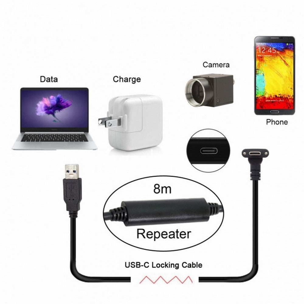 Chenyang 8.0M Down Up Angled USB 3.1 Type-C Dual Screw Locking to USB3.0 Data GL3523 Repeater Cable 90 Degree for Camera Oculus Quest Link UC-128-8.0M