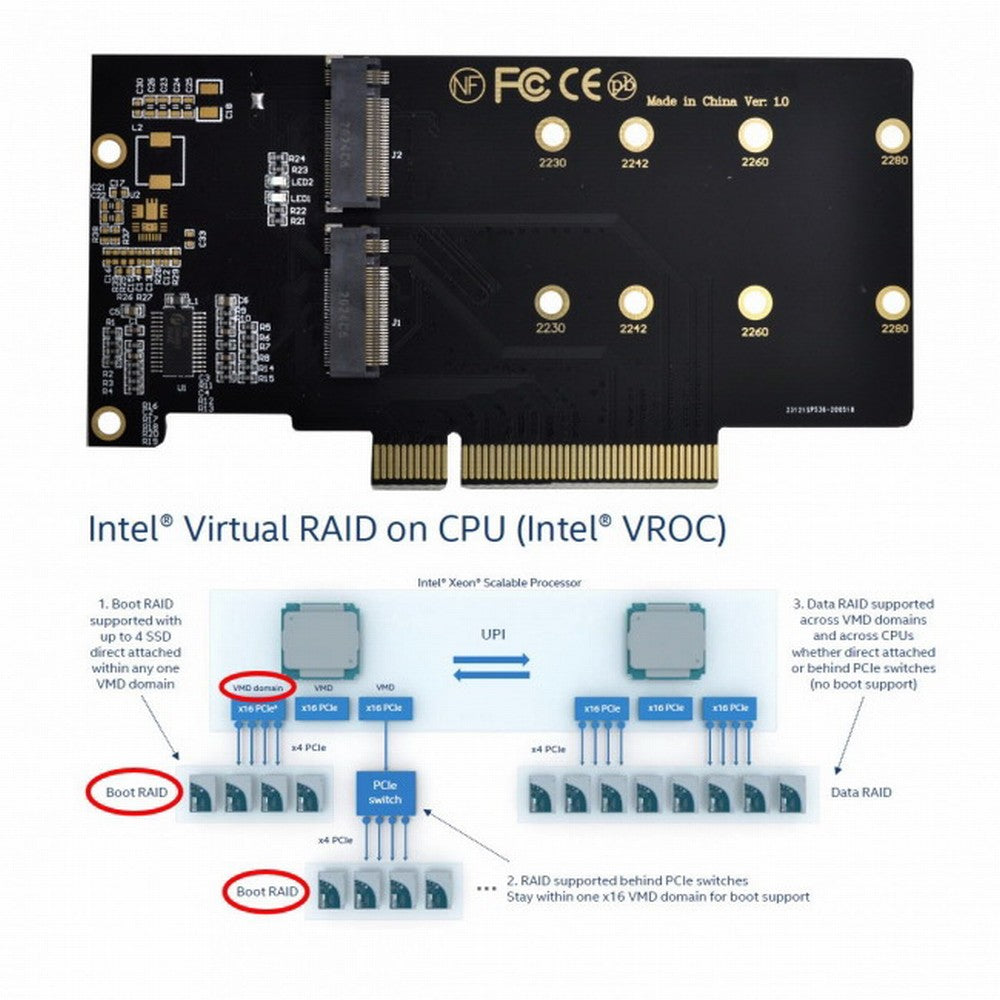 Chenyang Dual 2X NVME M.2 AHCI to PCIE Express 3.0 Gen3 X8 X16 Raid Card VROC Raid0 Hyper Adapter SA-012-OD