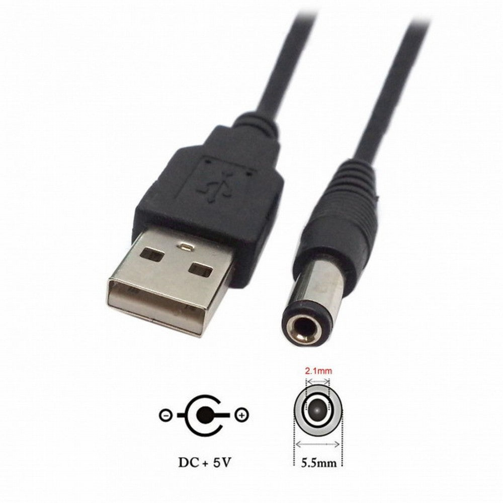 Chenyang USB 2.0 A Type Male TO 5.5x2.1mm DC Power Plug Barrel Connector 5v Cable 100cm U2-184-BK