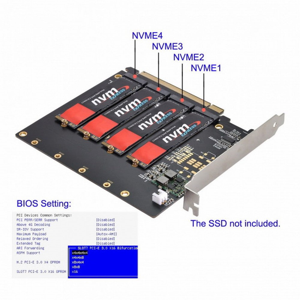 Chenyang 4X NVME M.2 AHCI to PCI-E Express 3.0 Gen3 X16 Raid Card with Fan VROC Raid0 Hyper Adapter SA-030