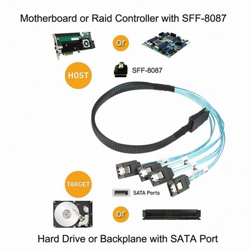 Chenyang Internal Mini SAS SFF-8087Host to 4 SATA 7pin Target Hard Disk 6Gbps Data Server Raid Cable CC-SF-004