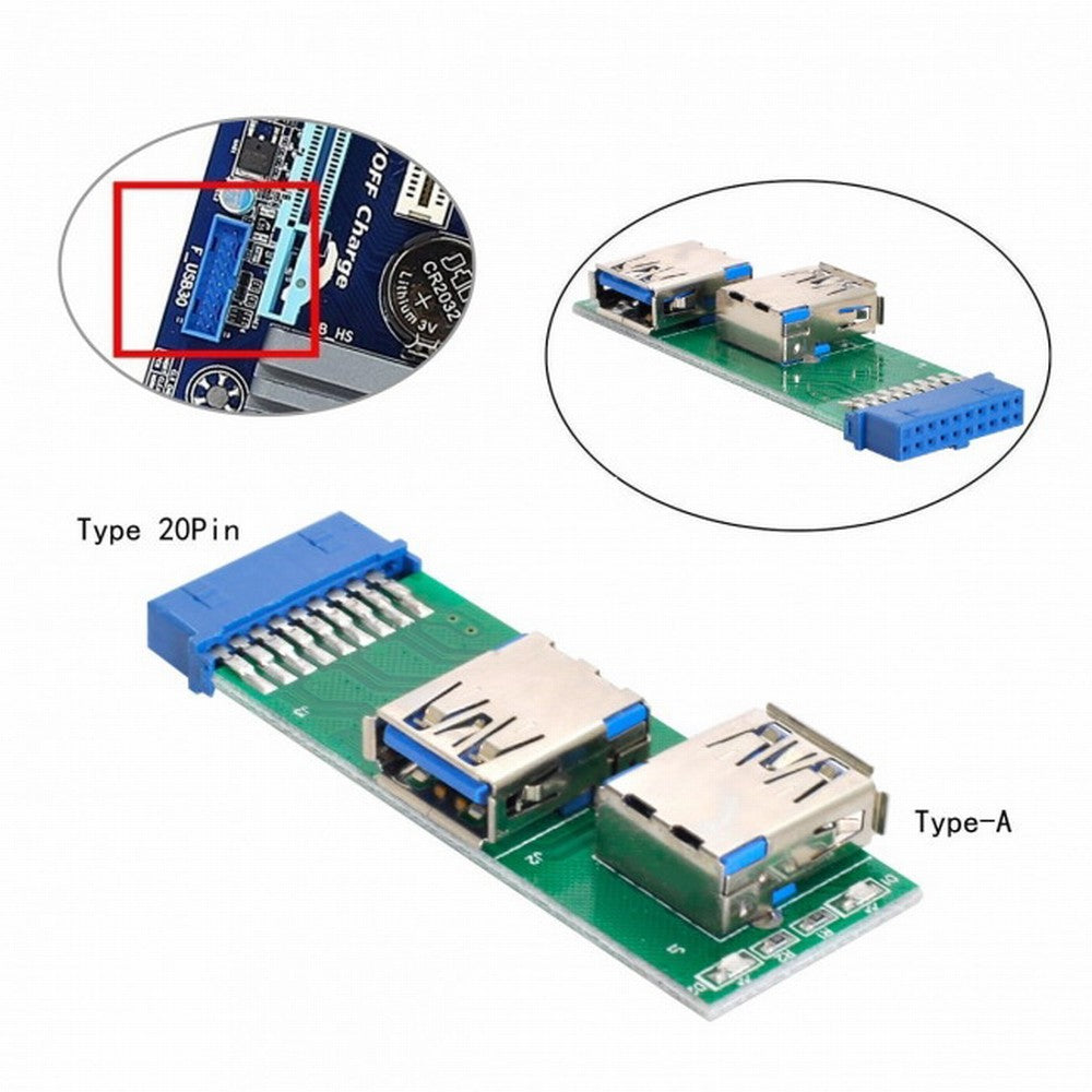 Chenyang Dual Side USB 3.0 A Type Female to Motherboard 20Pin 19 Pin Box Header Slot Adapter PCBA with LED U3-071