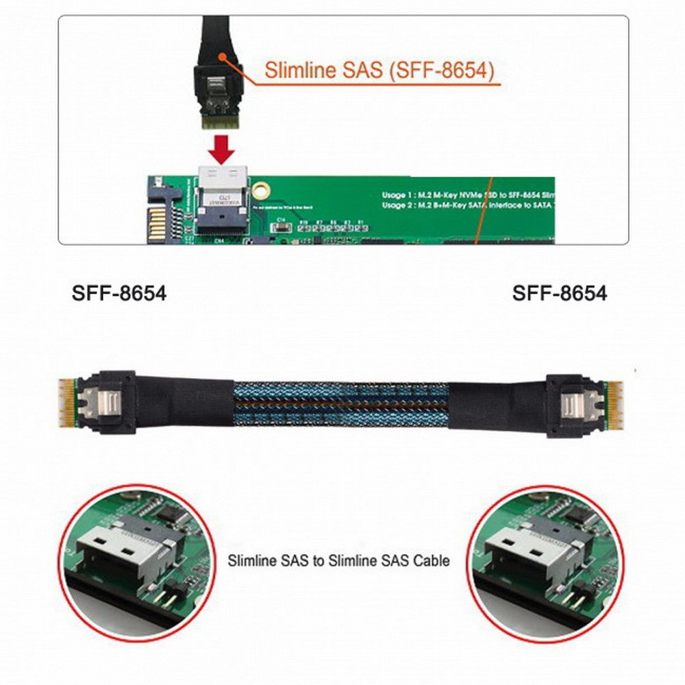 Chenyang PCI-E Slimline SAS 4.0 SFF-8654 4i 38pin Host to SFF-8654 Slim SAS Target Cable 50cm SF-100