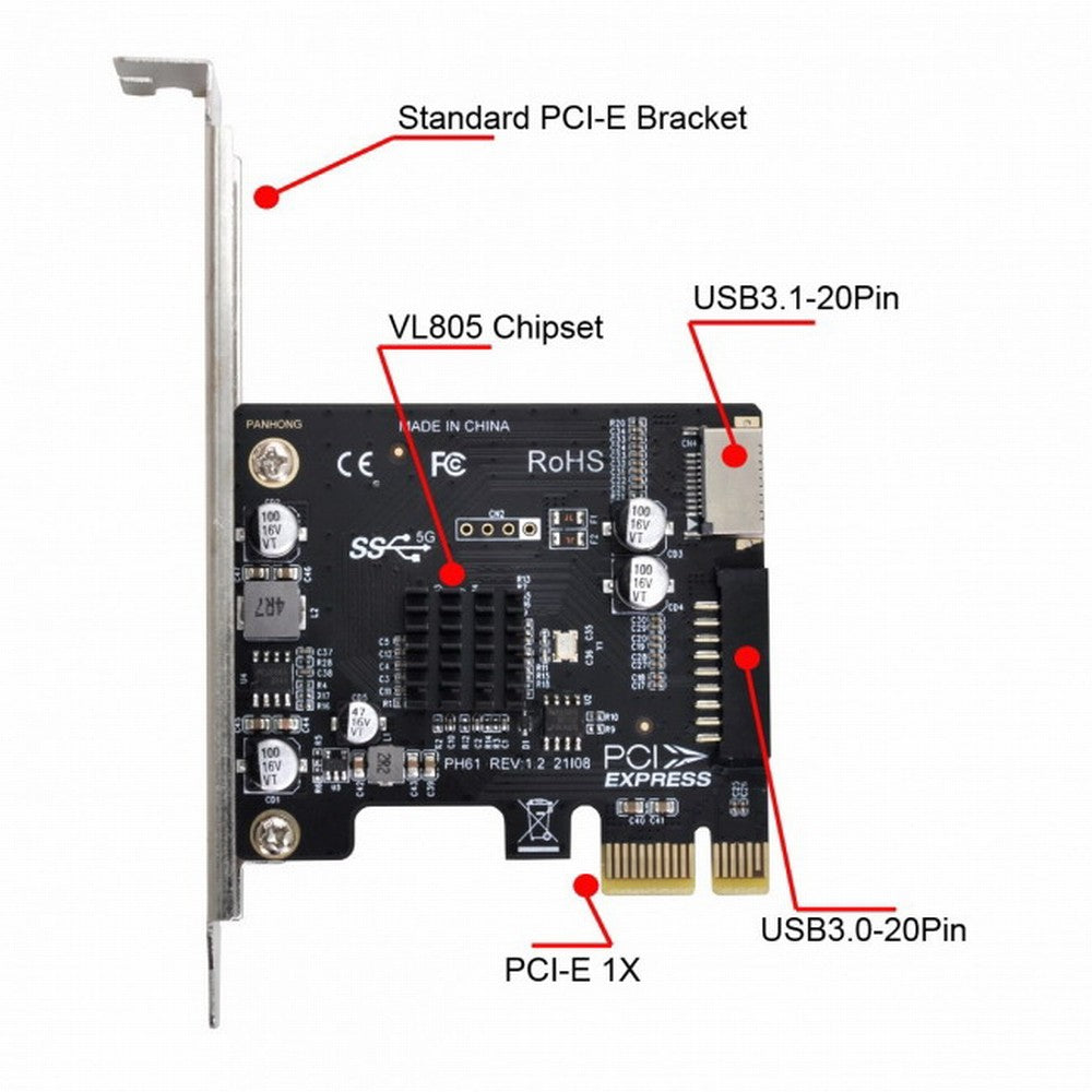 Chenyang 5Gbps Type-E USB 3.1 Front Panel Socket & USB 3.0 20Pin to PCI-E 1X Express Card VL805 Adapter for Motherboard UC-039