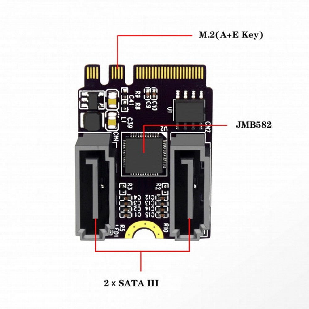 Chenyang NGFF Key A+E PCI Express to SATA 3.0 6Gbps Dual Ports Adapter Converter Hard Drive Extension Card JMB582 2230 SA-034