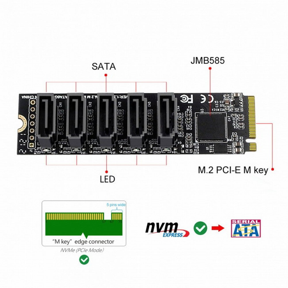 Chenyang NGFF NVME M-Key PCI Express to SATA 3.0 6Gbps 5 Ports Adapter Converter Hard Drive Extension Card JMB585 2280 SA-004