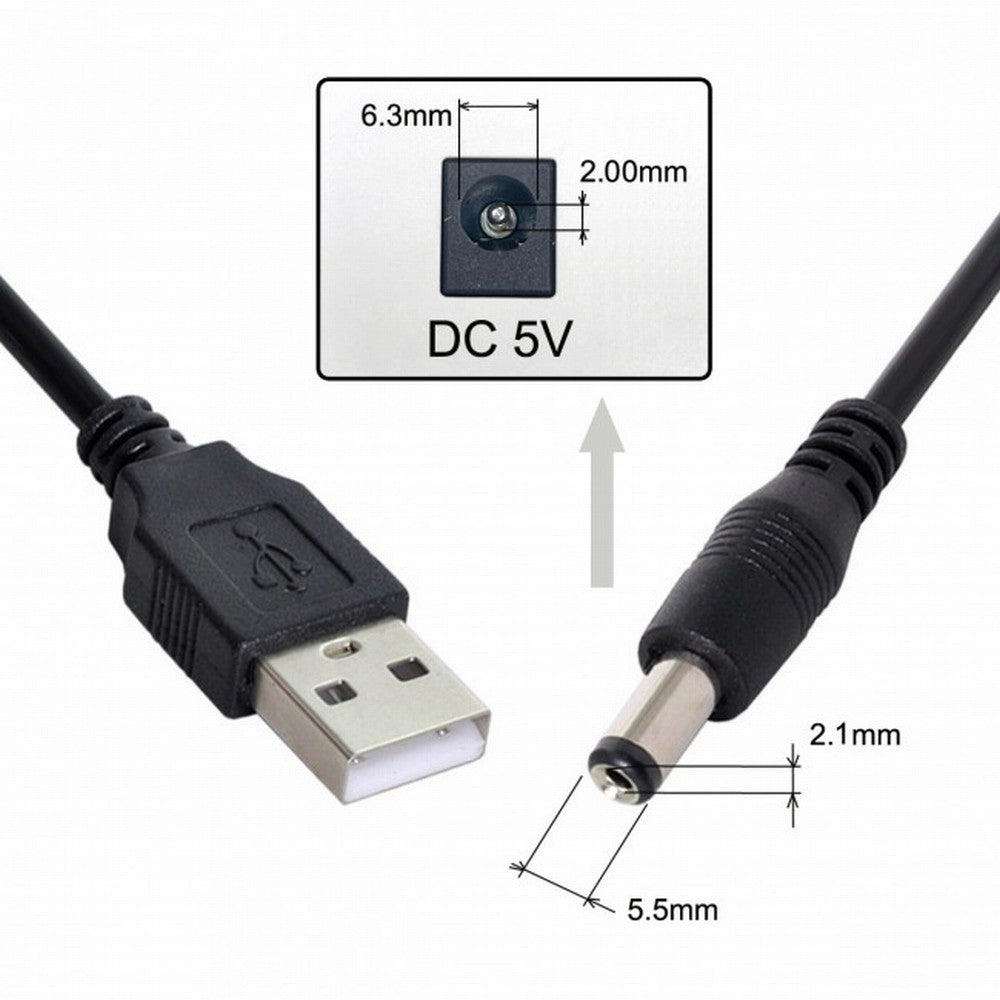 Chenyang USB 2.0 A Type Male TO 5.5x2.1mm DC Power Plug Barrel Connector 5v Cable 100cm U2-184-BK