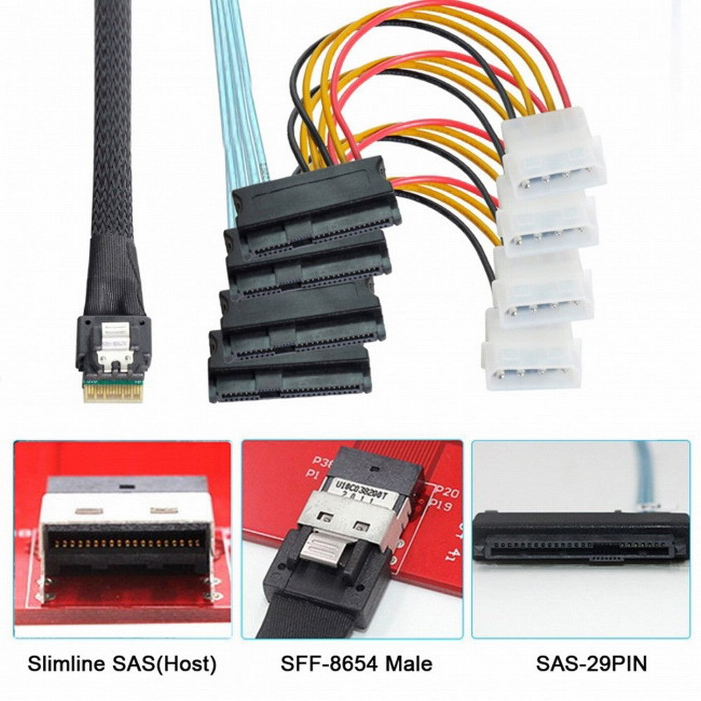 Chenyang Slimline SAS 4.0 SFF-8654 4i 38pin Host to 4 SAS 29pin SFF-8482 Target Hard Disk Fanout Raid Cable SF-047