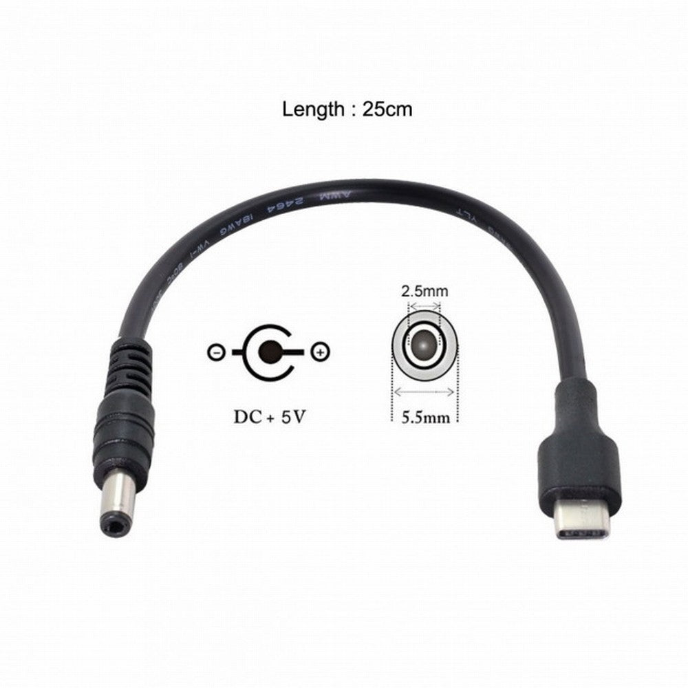 Chenyang USB 3.1 Type C USB-C to 5V DC 5.5 2.5mm Power Plug Extension Charge Cable for Cell Phone 25cm UC-094