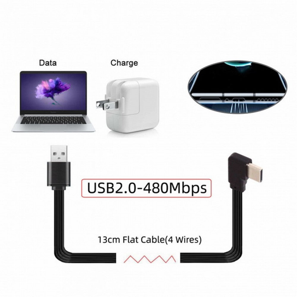 Chenyang 13cm USB 2.0 Type-A Male to USB-C Type-C Left Right Angled 90 Degree Data Flat Slim FPC Cable for FPV Disk Phone UC-096-RI-0.13M