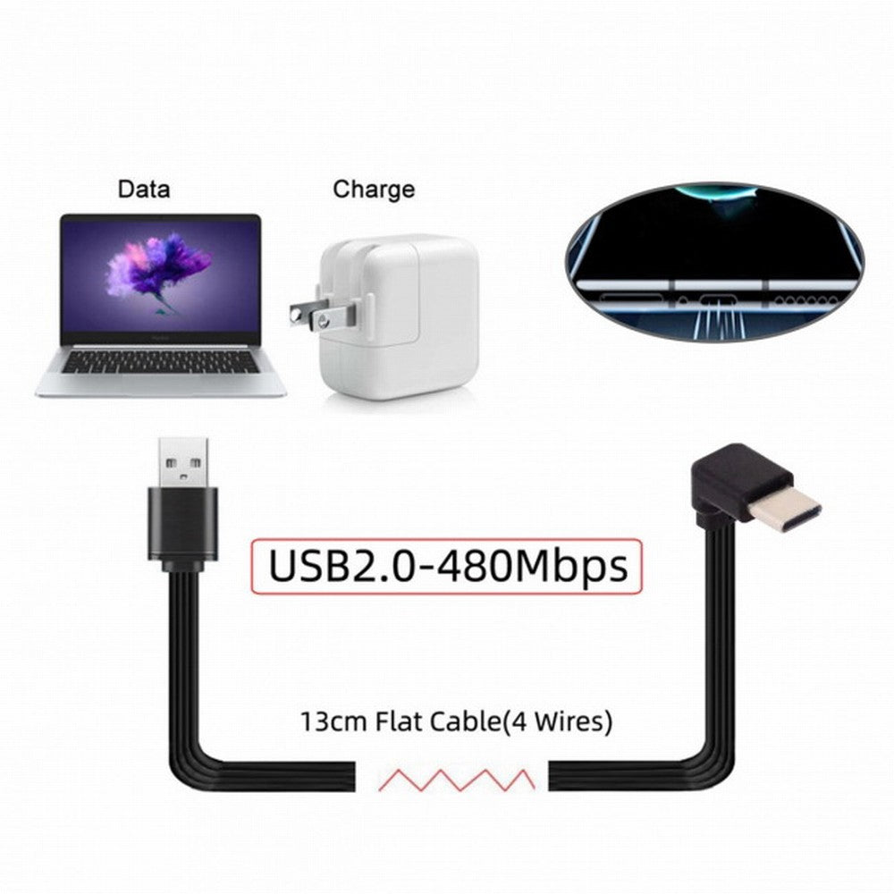 Chenyang 13cm USB 2.0 Type-A Male to USB-C Type-C Up Down Angled 90 Degree Data Flat Slim FPC Cable for FPV Disk Phone UC-096-UP-0.13M