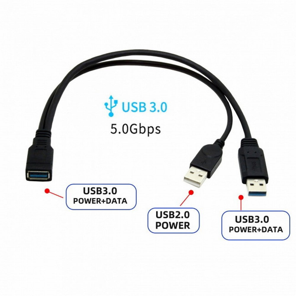 Chenyang Black USB 3.0 Female to Dual USB Male Extra Power Data Y Extension Cable for 2.5" Mobile Hard Disk U3-065