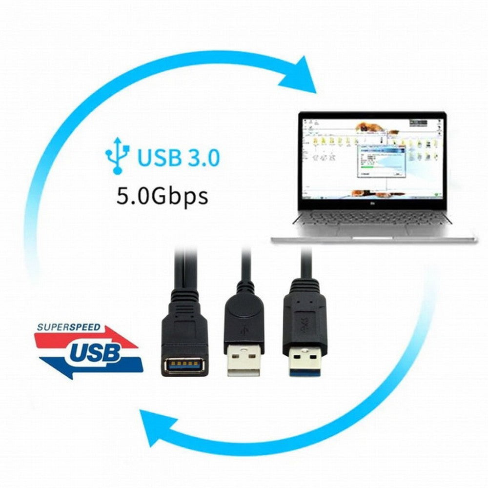 Chenyang Black USB 3.0 Female to Dual USB Male Extra Power Data Y Extension Cable for 2.5" Mobile Hard Disk U3-065