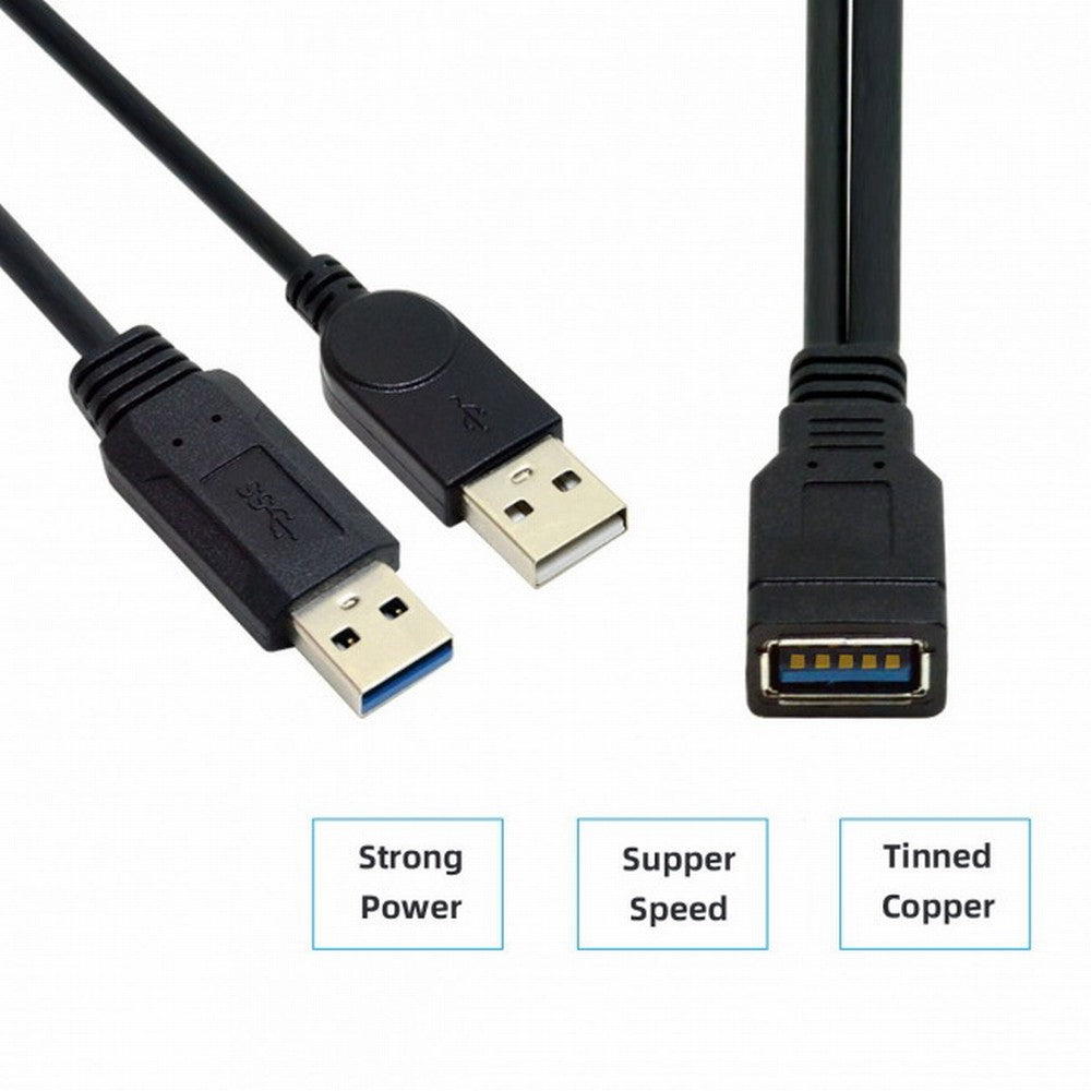 Chenyang Black USB 3.0 Female to Dual USB Male Extra Power Data Y Extension Cable for 2.5" Mobile Hard Disk U3-065