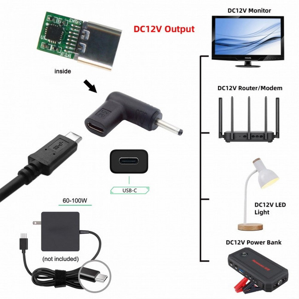 Chenyang USB 3.1 Type C USB-C Female to DC 12V 3.5x1.3mm Plug Adapter PD Emulator Trigger 90 Degree Angled UC-090-3513MM