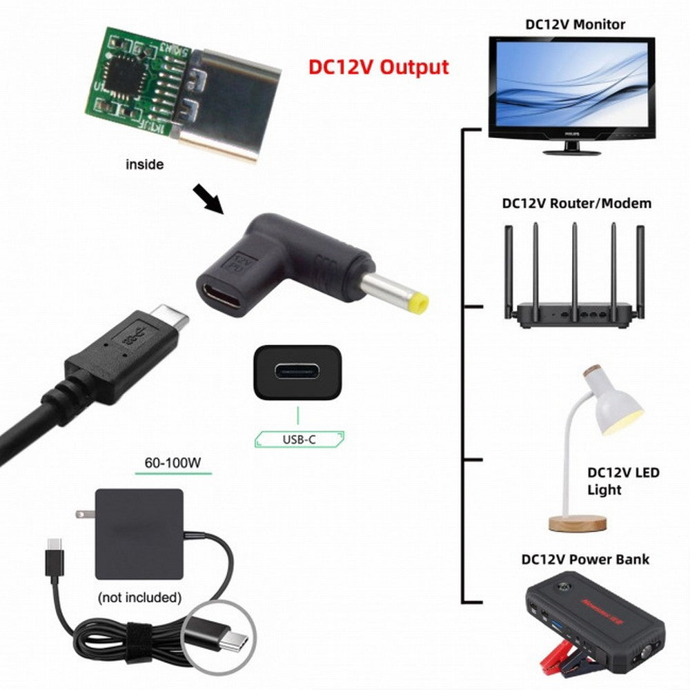 Chenyang USB 3.1 Type C USB-C Female to DC 12V 4.0x1.7mm Plug Adapter PD Emulator Trigger 90 Degree Angled UC-090-4017MM