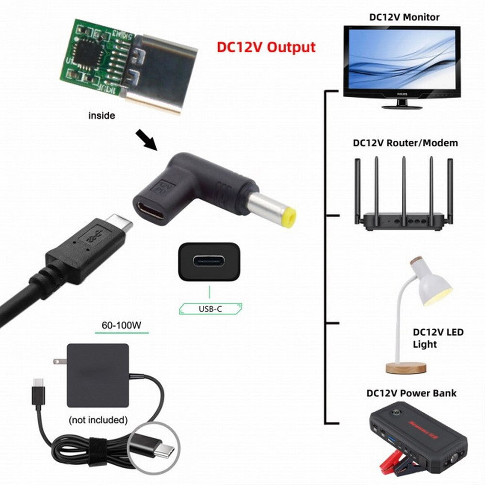 Chenyang USB 3.1 Type C USB-C Female to DC 12V 5.5x2.5mm Plug Adapter PD Emulator Trigger 90 Degree Angled UC-090-5525MM