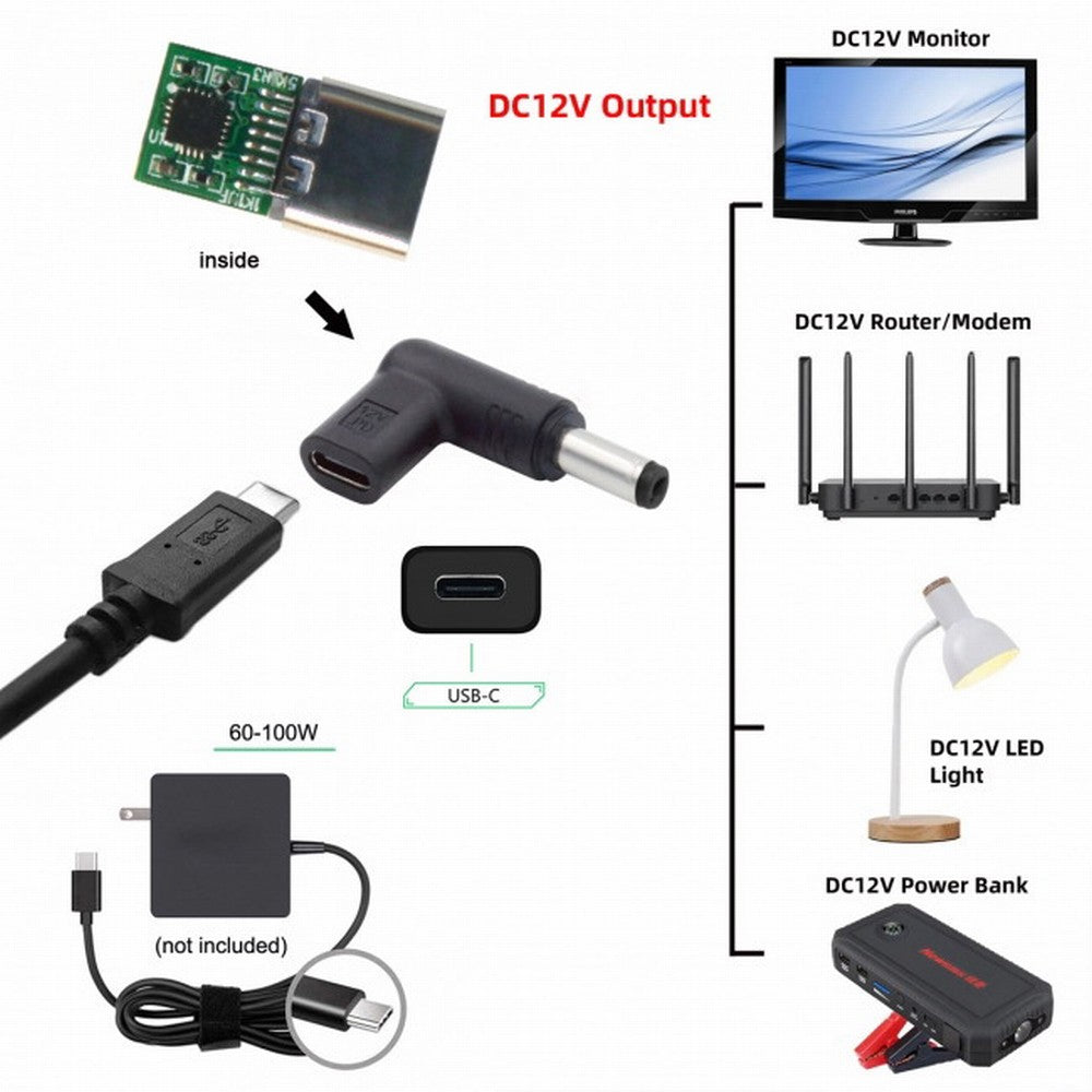 Chenyang USB 3.1 Type C USB-C Female to DC 12V 5.5x2.1mm Plug Adapter PD Emulator Trigger 90 Degree Angled UC-090-5521MM