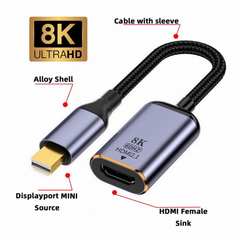 Chenyang Mini DisplayPort 1.4 Source to HDMI 2.0 Display 8K 60hz UHD 4K MINI-DP to HDMI Female Monitor Adapter Cable DP-056-MDP