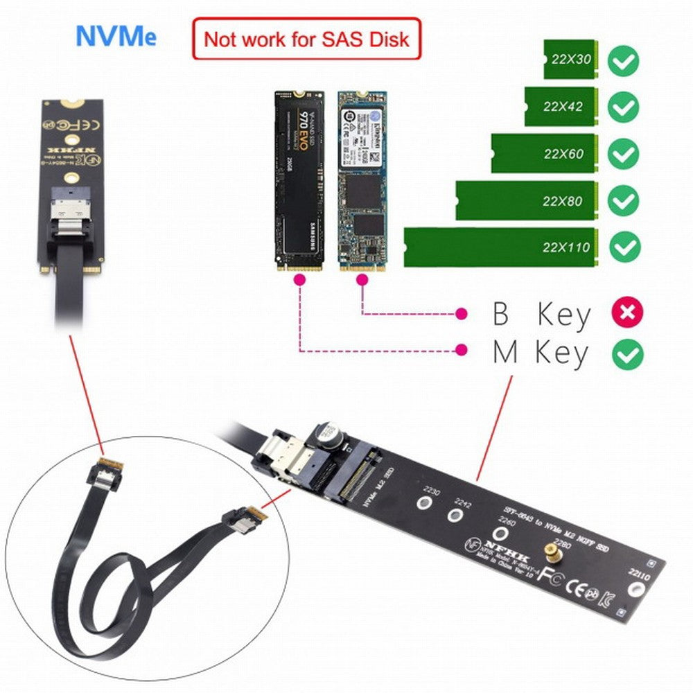 Chenyang NGFF M-Key NVME Male to Female Extension Cable 40cm with SFF-8654 Connector for Mainboard SSD 2280/22110 SA-040+SF-100