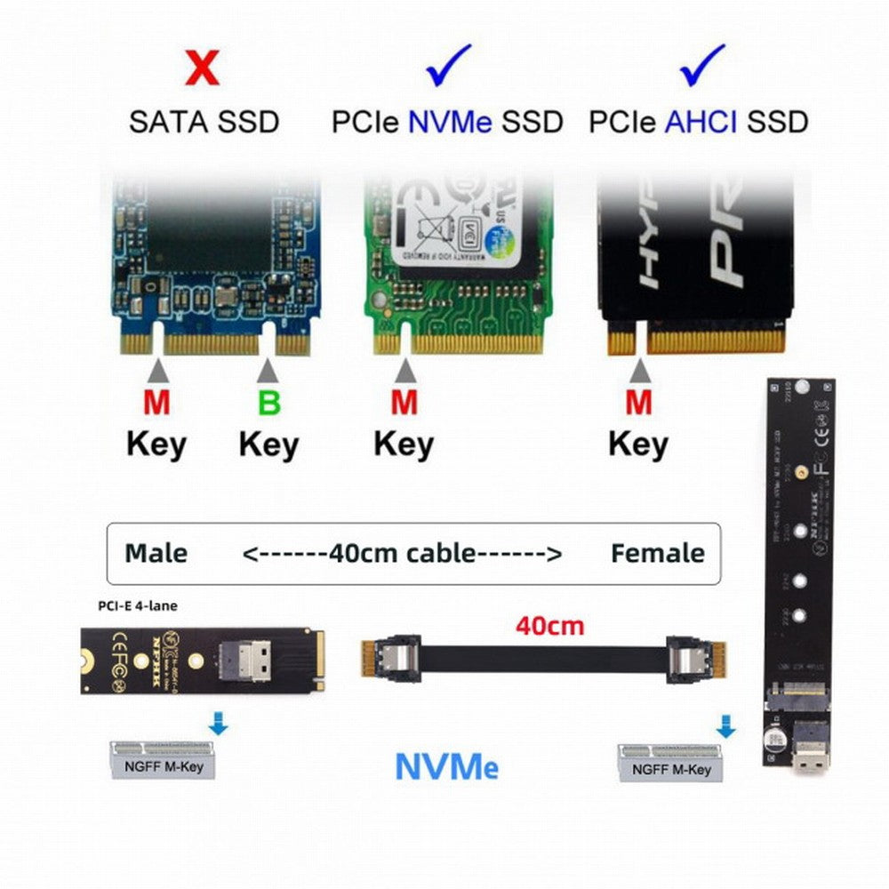 Chenyang NGFF M-Key NVME Male to Female Extension Cable 40cm with SFF-8654 Connector for Mainboard SSD 2280/22110 SA-040+SF-100