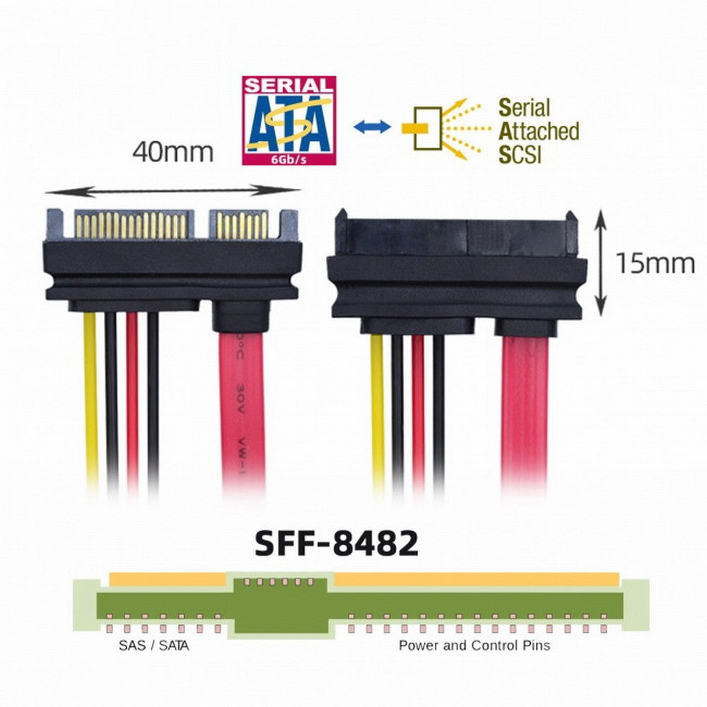 Chenyang SFF-8482 SAS 29 Pin to SATA 22Pin Hard Disk Drive Raid Extension Cable with 15 Pin SATA Power Port SF-008