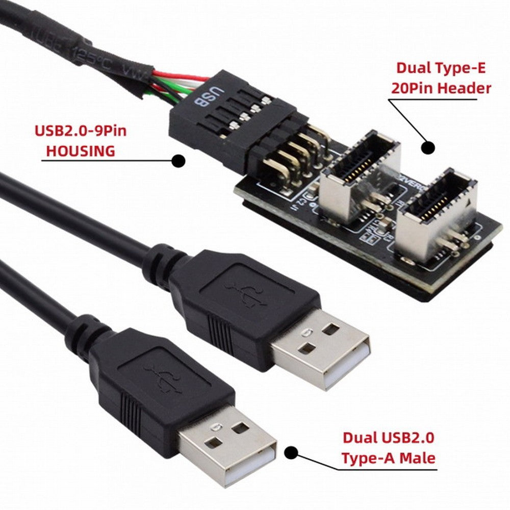 Chenyang Dual USB 3.1 Front Panel Socket Key-A Type-E to USB 2.0 Type-A 9Pin 10Pin Mainboard Header Male Cable Extension Adapter U2-128+UC-022