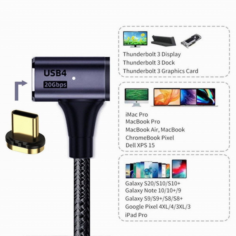 Chenyang Magnetic Connector USB4 Cable 20Gbps Left Right Angled 90 Degree with 100W Charging and 8K@60Hz 5K@60Hz USB4.0 UC-034-RI-2.0M