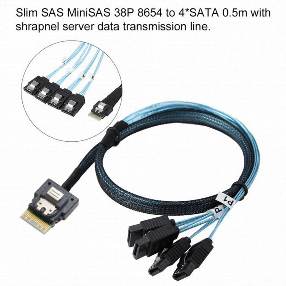 Chenyang Slim Line SAS 4.0 SFF-8654 4i 38pin Host to 4 SATA 7pin Target Hard Disk Fanout Raid Cable 50cm SF-103