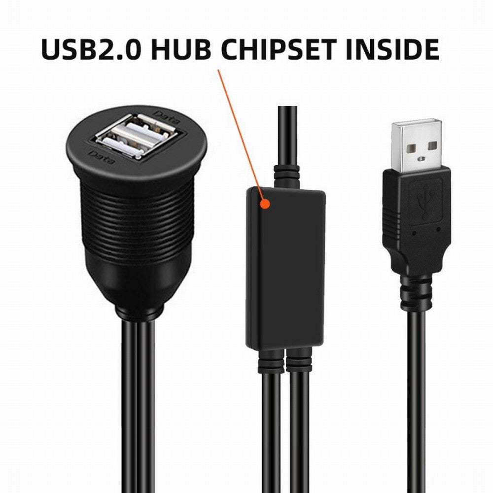 Chenyang 1m Waterproof Dustproof 480Mbps USB2.0 Type-A Male to Dual Female Hub Extension Data Power Cable Car Panel Mount Design U2-024-1.0M