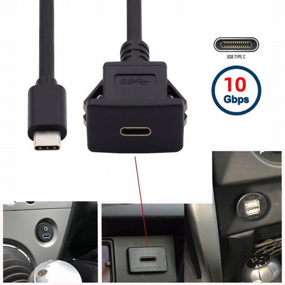 Chenyang Waterproof Dustproof USB-C Type-C USB 3.1 10Gbps Extension Flush Car Latch Mount Extension Cable for Dashboard Panel UC-021-1.0M