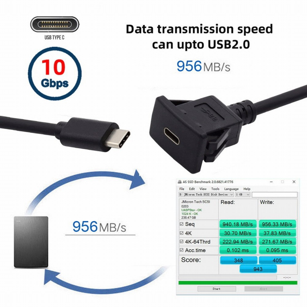 Chenyang Waterproof Dustproof USB-C Type-C USB 3.1 10Gbps Extension Flush Car Latch Mount Extension Cable for Dashboard Panel UC-021-1.0M