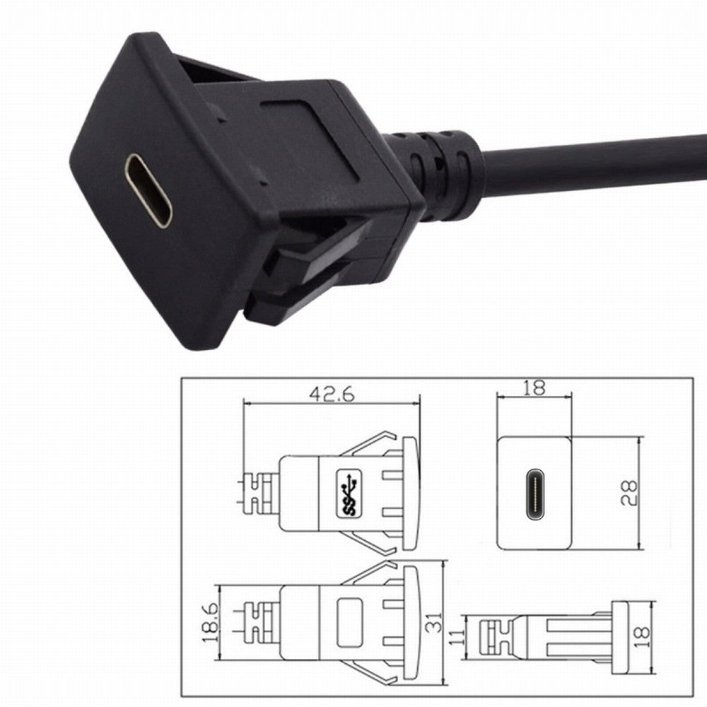 Chenyang Waterproof Dustproof USB-C Type-C USB 3.1 10Gbps Extension Flush Car Latch Mount Extension Cable for Dashboard Panel UC-021-1.0M