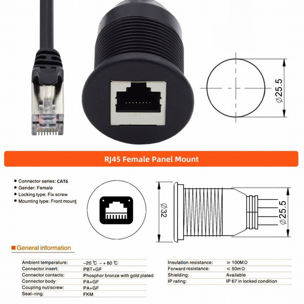 Chenyang 1m Waterproof Dustproof Screw Locking CAT6 RJ45 Male to Female Lan Ethernet Network Extension Cable Car Panel Mount Design UT-017-1.0M