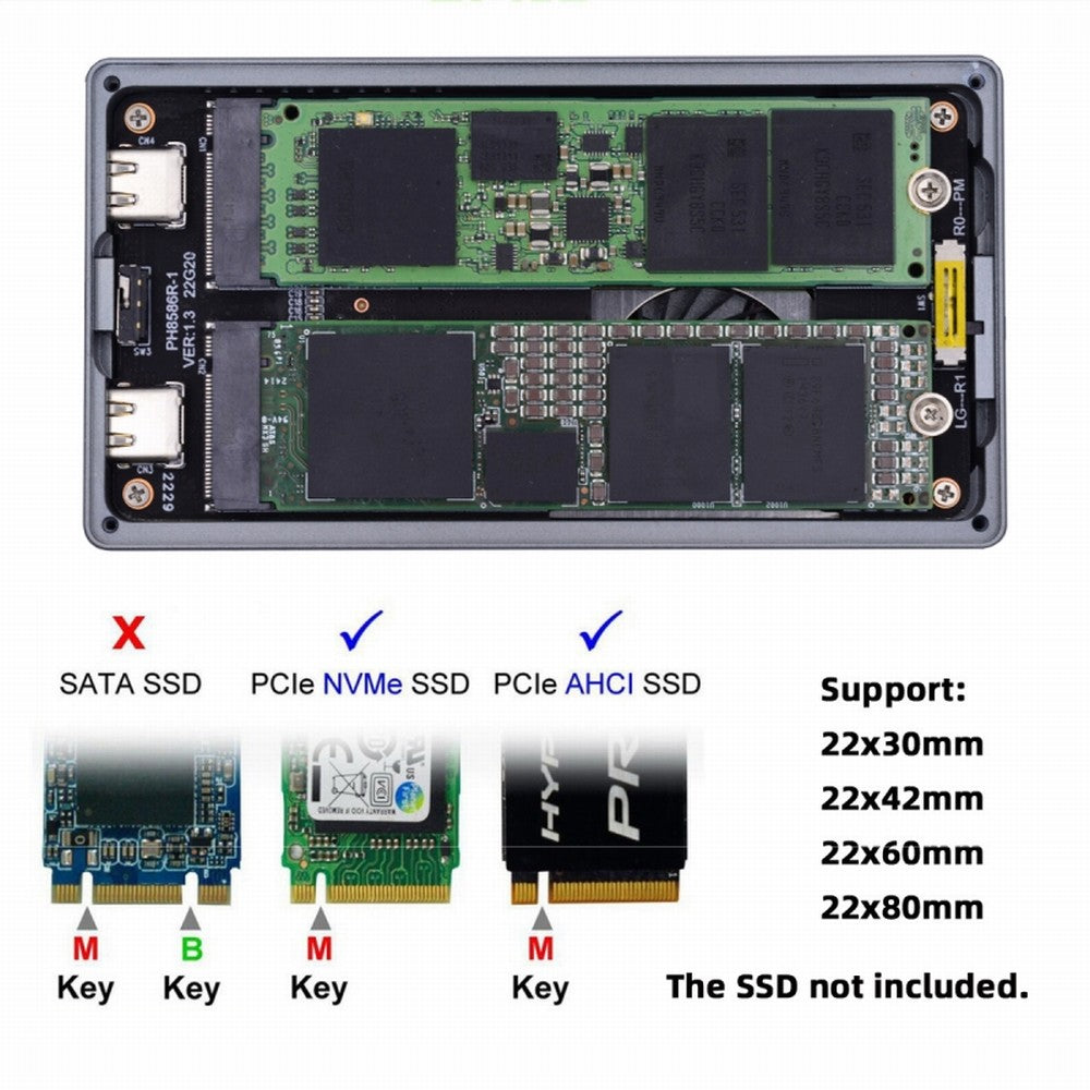 Chenyang Dual NVME M.2 NGFF M-Key to USB-C Type-C Raid0 Raid1 JBOD Big Enclosure 20Gbps with Fan Raid0 Hyper Adapter UC-031