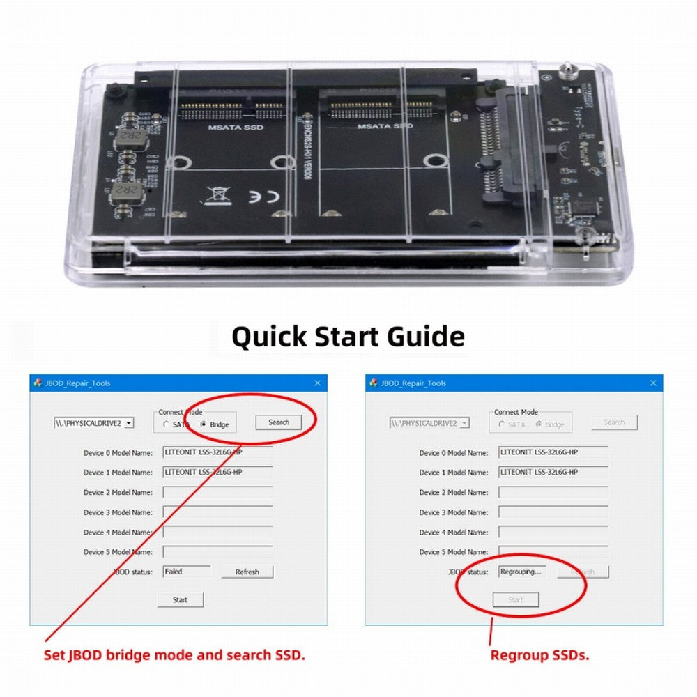 Chenyang Dual MSATA Mini-SATA SSD Card JBOD Raid0 Span Bridge to USB3.0 Type-C USB-C 2.5inch SATA Combo Enclosure SA-049+UC-079-WH