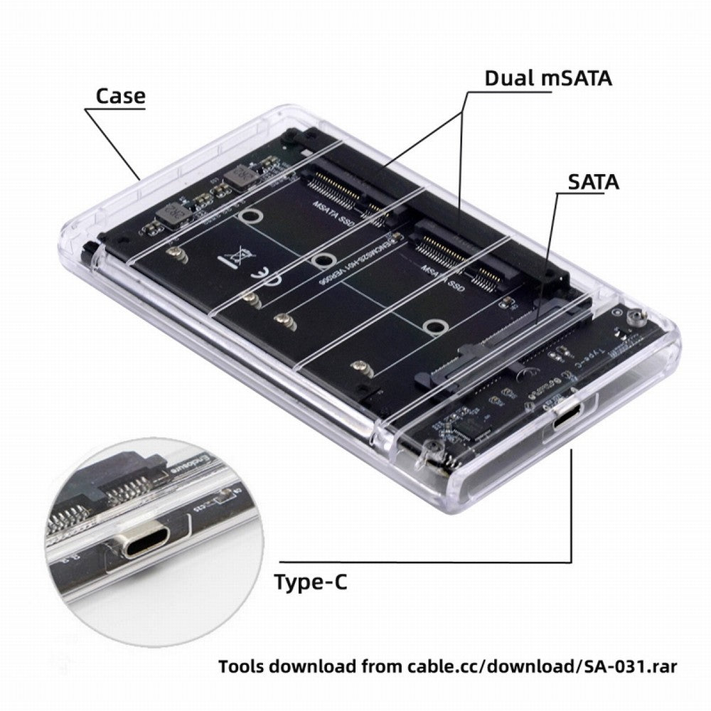 Chenyang Dual MSATA Mini-SATA SSD Card JBOD Raid0 Span Bridge to USB3.0 Type-C USB-C 2.5inch SATA Combo Enclosure SA-049+UC-079-WH