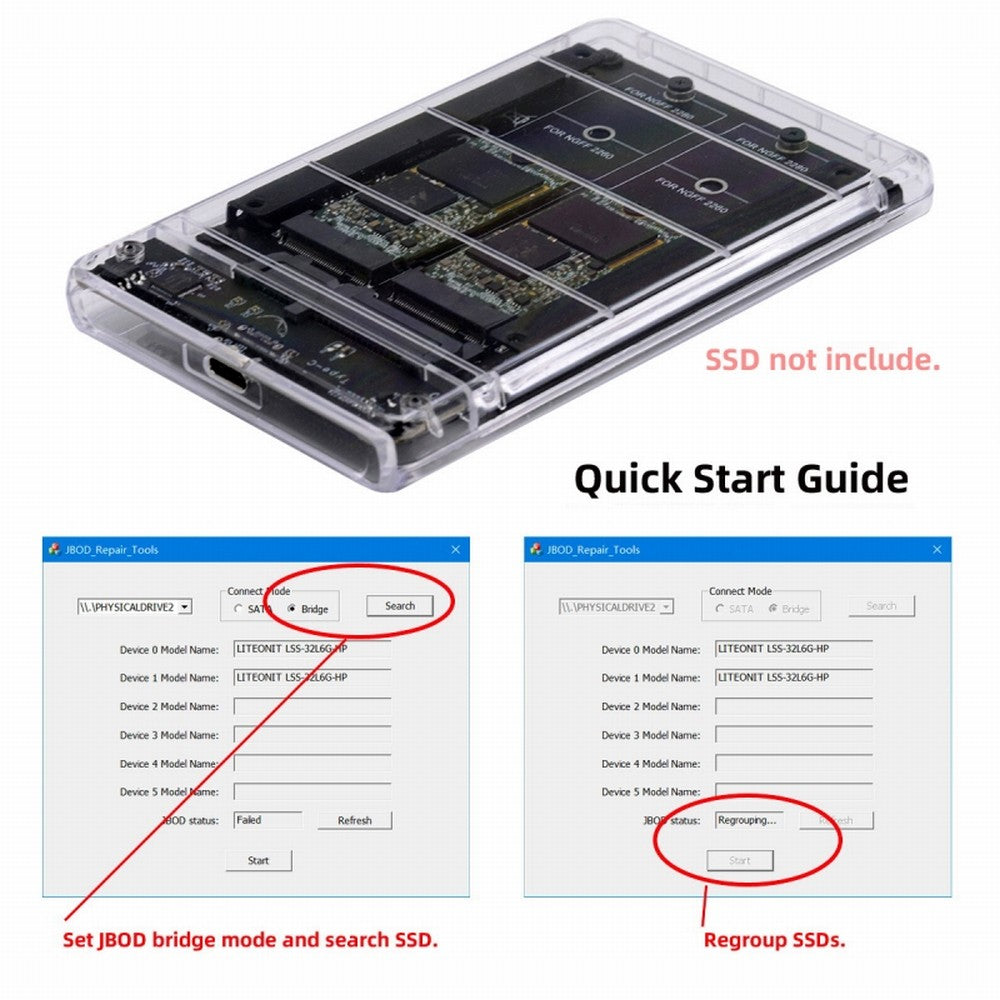 Chenyang Dual NGFF B+M-Key M.2 SSD Card JBOD Raid0 Span Bridge to USB3.0 Type-C USB-C 2.5inch SATA Combo Enclosure SA-031+UC-079-WH