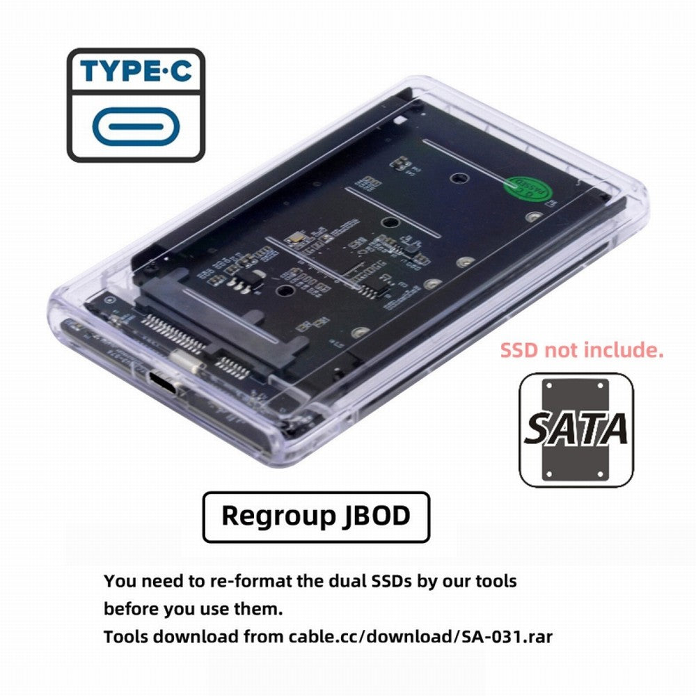 Chenyang Dual NGFF B+M-Key M.2 SSD Card JBOD Raid0 Span Bridge to USB3.0 Type-C USB-C 2.5inch SATA Combo Enclosure SA-031+UC-079-WH