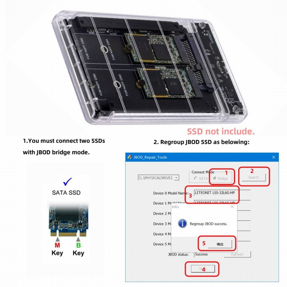 Chenyang Dual NGFF B+M-Key M.2 SSD Card JBOD Raid0 Span Bridge to USB3.0 Type-C USB-C 2.5inch SATA Combo Enclosure SA-031+UC-079-WH