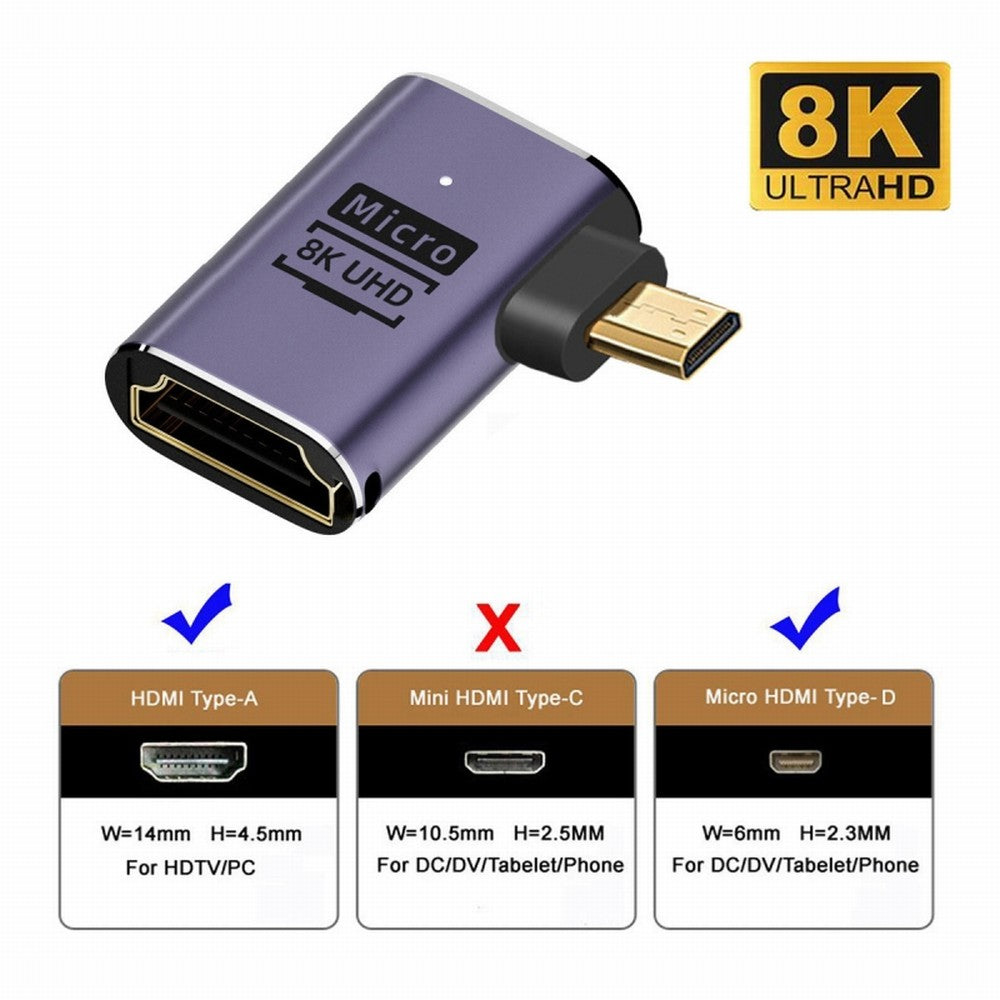 Chenyang Left Angled Micro HDMI Male to HDMI 2.1 Female UHD Extension Gold Converter Adapter Support 8K 60hz HDTV HD-023-D8K03