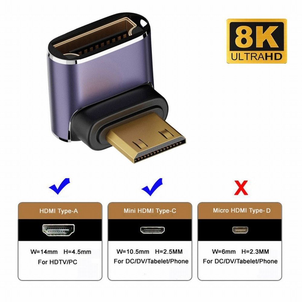 Chenyang Down Angled Mini HDMI Male to HDMI 2.1 Female UHD Extension Gold Converter Adapter Support 8K 60hz HDTV HD-038-C8K04