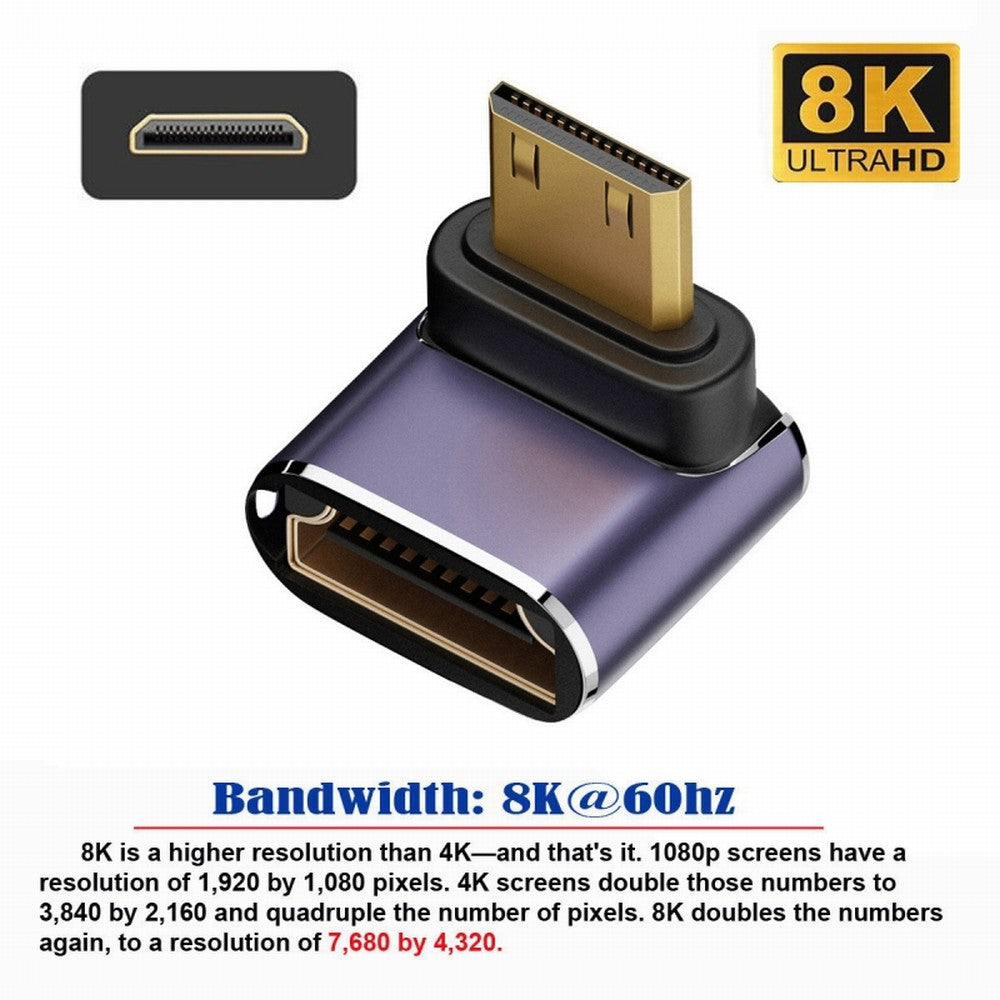 Chenyang Down Angled Mini HDMI Male to HDMI 2.1 Female UHD Extension Gold Converter Adapter Support 8K 60hz HDTV HD-038-C8K04