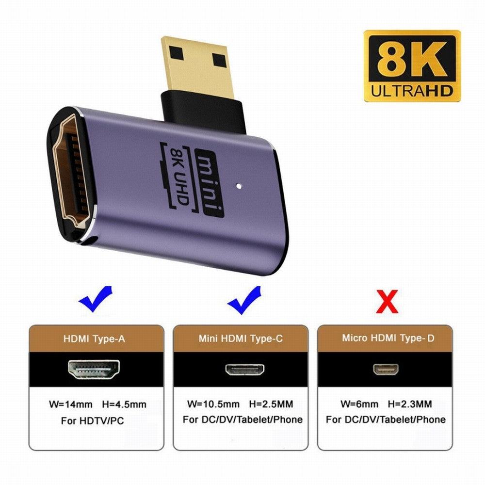 Chenyang Left Angled Mini HDMI Male to HDMI 2.1 Female UHD Extension Gold Converter Adapter Support 8K 60hz HDTV HD-038-C8K03